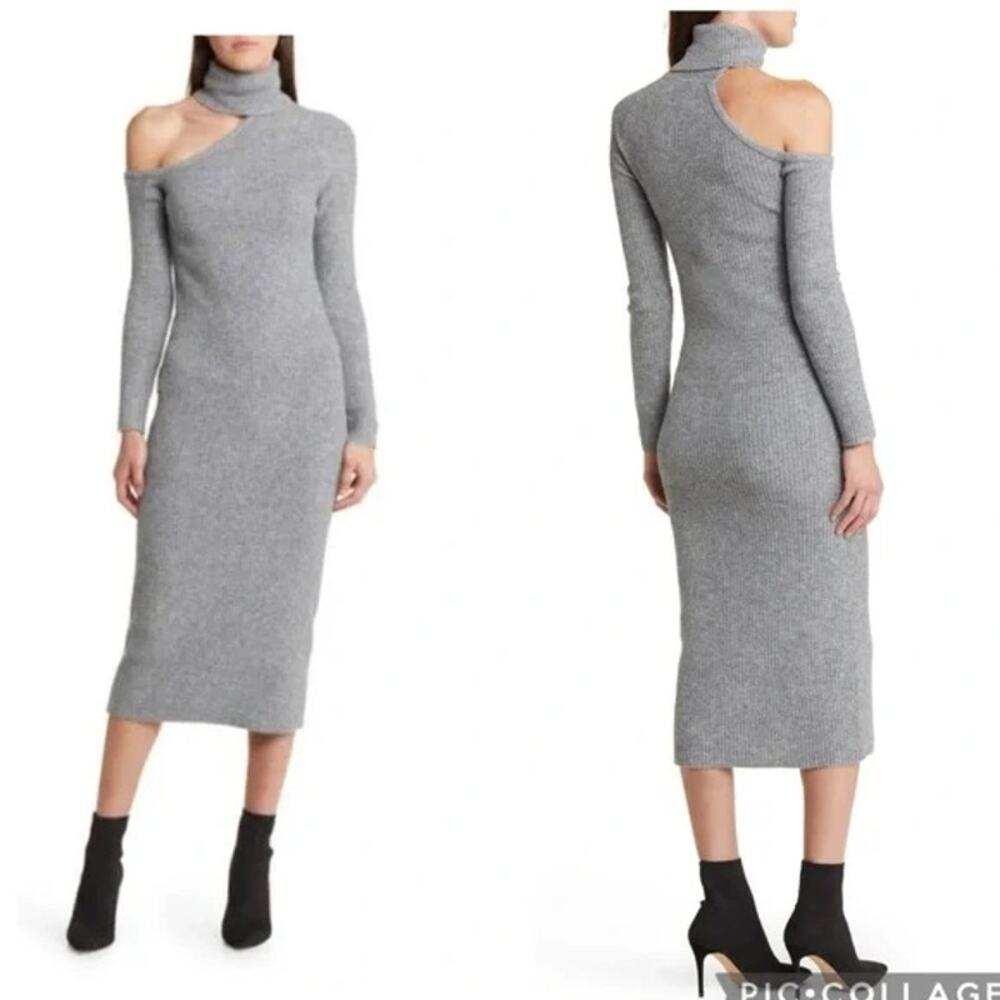 NEW Floret Studios Gray Turtleneck Long Sleeve Cold Shoulder Sweater Dress